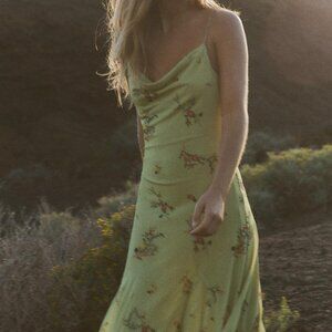 ZARA Printed Tulle Midi Dress Light Green Medium Cowl Neck Spaghetti Strap NWT